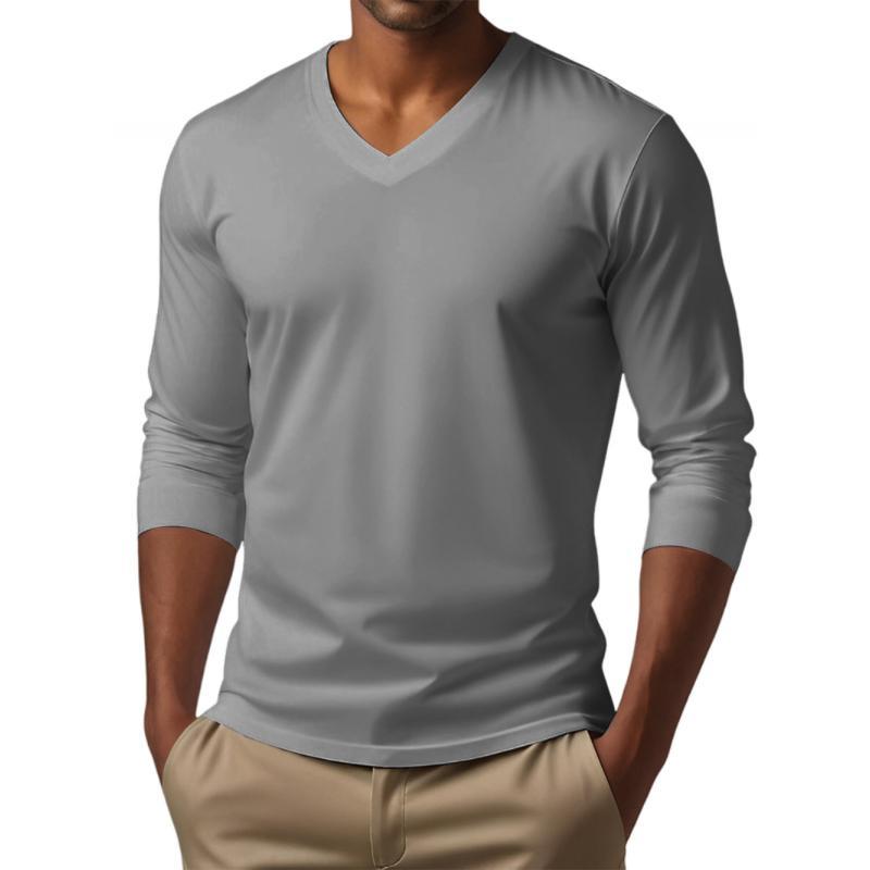 Camiseta informal de manga larga ajustada de algodón mezclado con cuello en V para hombre