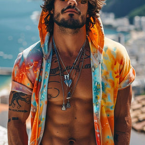 Men's Tie-dye Printed Hooded Short Sleeve Zip Hoodie