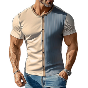 Camiseta retro informal de manga corta con cuello redondo y botones para hombre