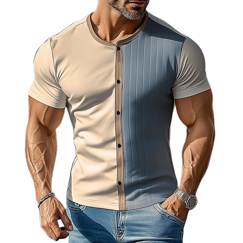 Camiseta retro informal de manga corta con cuello redondo y botones para hombre