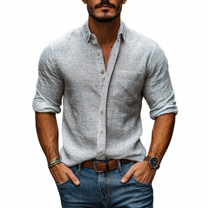Camisa informal de lino con solapa y bolsillo de parche de manga larga para hombre