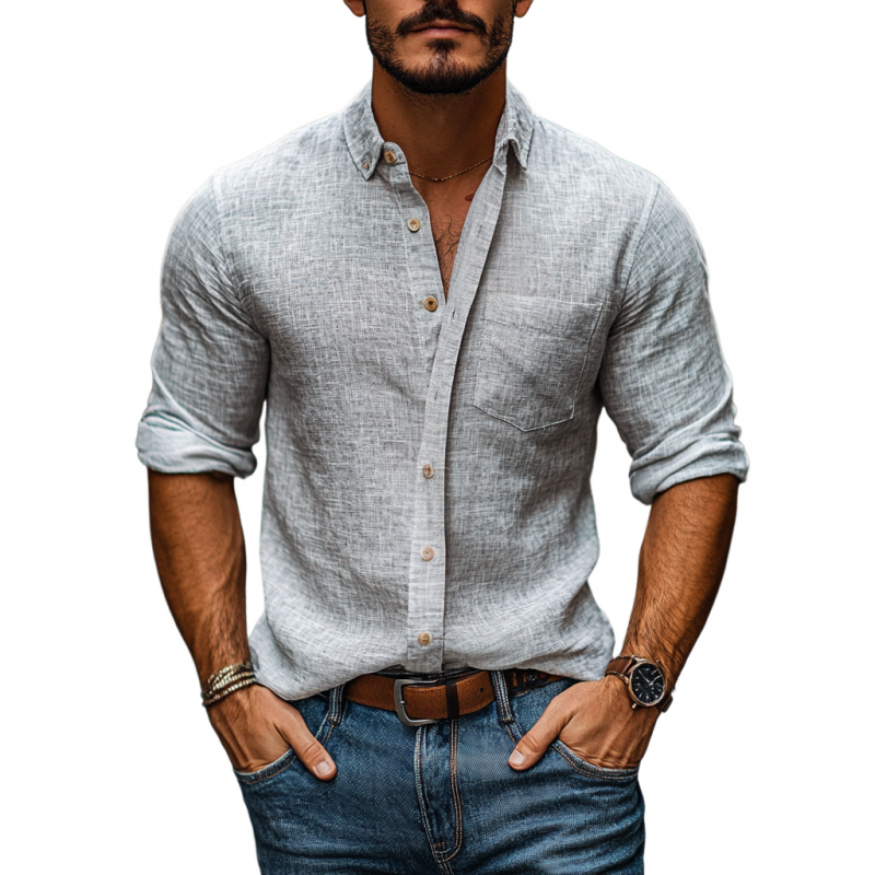 Men's Casual Linen Lapel Slim Fit Patch Pocket Long Sleeve Shirt