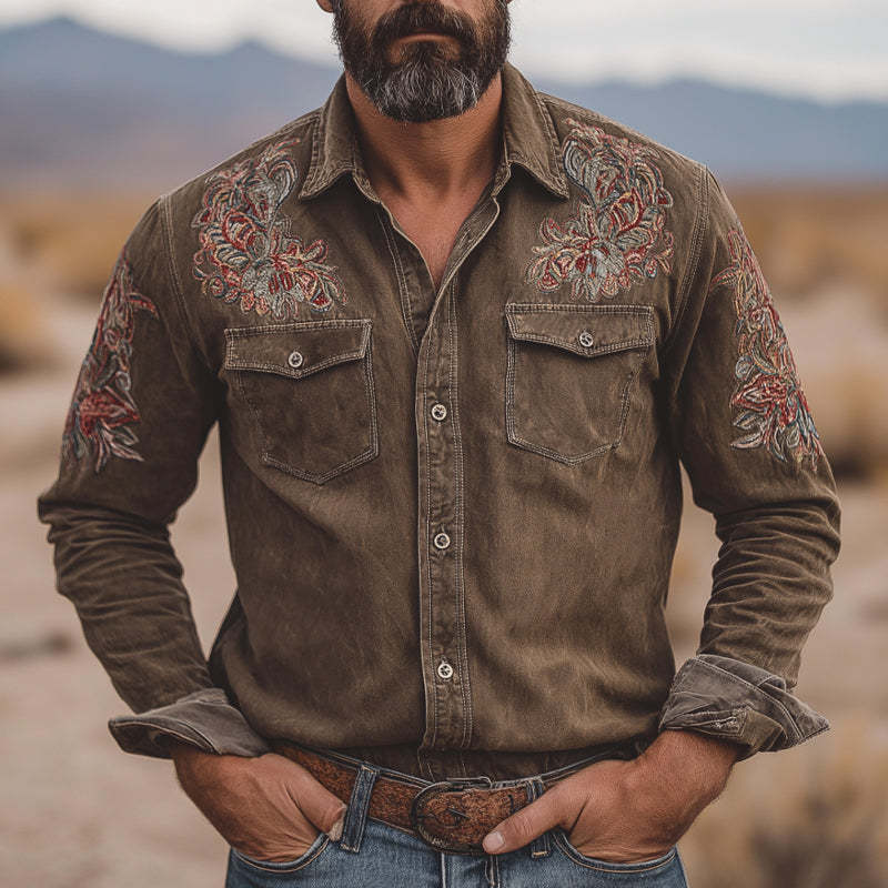 Camisa vaquera de manga larga bordada vintage para hombre