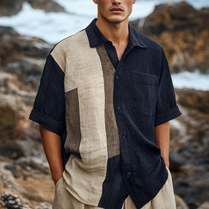 Camisa informal de manga corta arrugada de seda helada a juego con el color de la piel para hombre