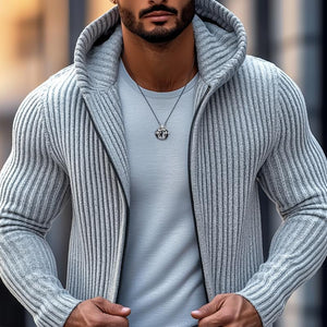 Modische Herren-Strickjacke mit Kapuze, einfarbig, gestreift, langen Ärmeln und mittlerer Länge