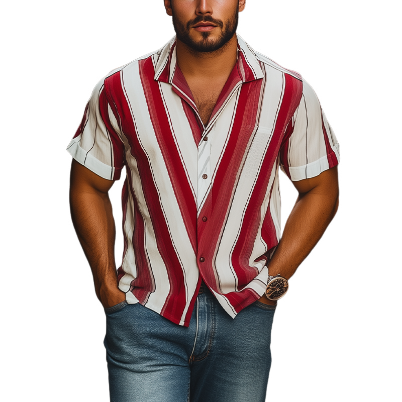 Men's Fashion Casual Striped Contrast Chiffon Short Sleeve Shirt