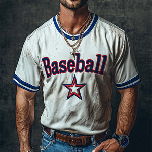Camiseta de béisbol retro informal con cuello redondo y manga corta para hombre