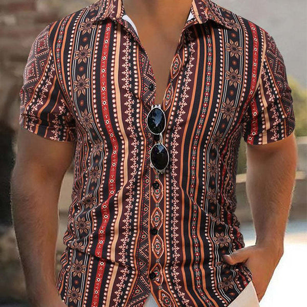 Camisa informal de manga corta con estampado de rayas retro para hombre