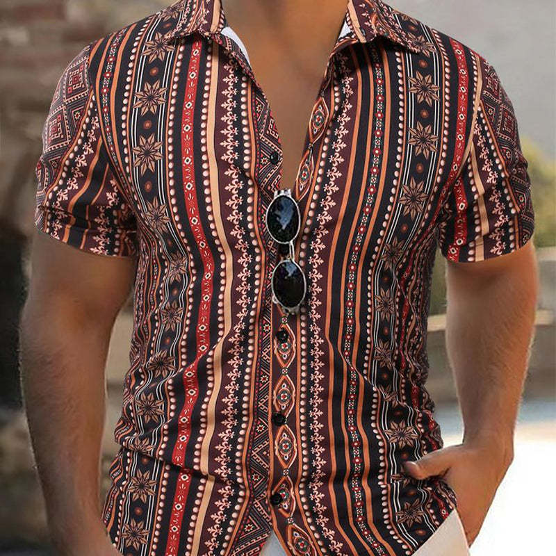 Camisa informal de manga corta con estampado de rayas retro para hombre