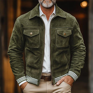 Men's Striped Trim Suede Lapel Chest Pocket Zipper Casual Jacket