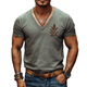 Camiseta informal de algodón lavado con bordado y cuello en V, manga corta y ajustada para hombre