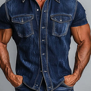 Men's Vintage Lapel Short Sleeve Denim Shirt