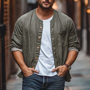 Camisa holgada de manga larga con botonadura sencilla de algodón y lino para hombre