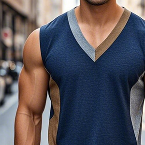 Camiseta sin mangas con cuello en V, estilo retro informal con bloques de color para hombre