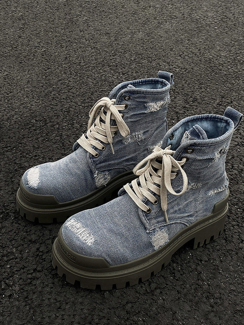 Retro Ripped Denim Work Boots