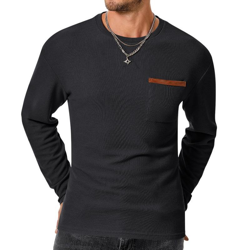 Men's Casual Waffle Round Neck Patch Pocket Slim Fit Long Sleeve T-Shirt
