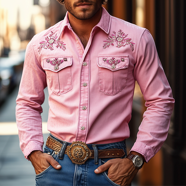 Men's American Retro Western Style Embroidered Long Sleeve Shirt 96546825K