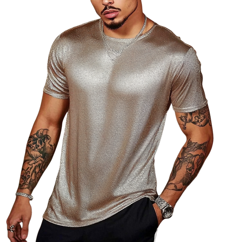 Camiseta de manga corta con cuello redondo y purpurina de color liso para hombre