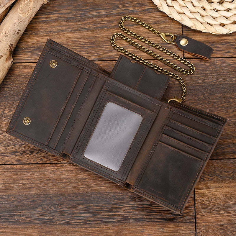 Cartera vintage de tres pliegues de cuero genuino para hombre 