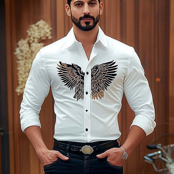 Camisa de manga larga entallada de algodón con bordado de águila vintage para hombre