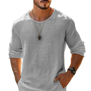 Camiseta informal de algodón y lino para hombre, cuello redondo, manga larga y holgada