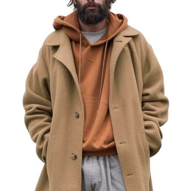 Men's Vintage Wool Blended Notched Lapel Single-Breasted Loose Long Coat
