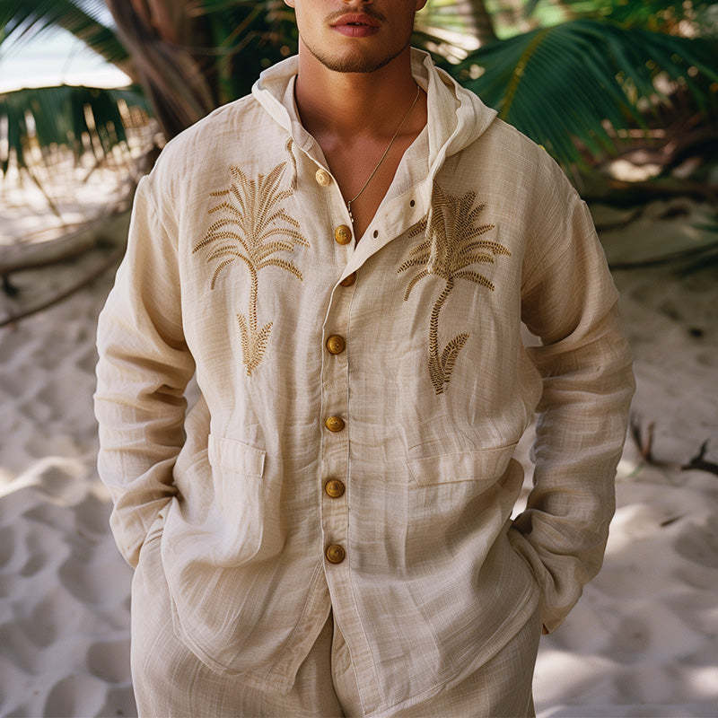 Men's Palm Leaf Embroidered Linen Hooded Shirt