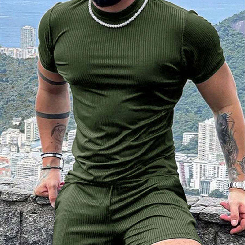 Conjunto de dos piezas de manga corta con pantalones cortos texturizados a rayas para hombre