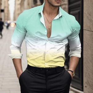 Camisa de manga larga holgada con botones y solapa degradada para hombre