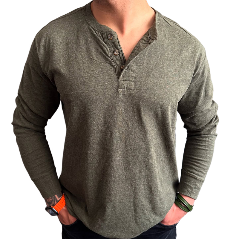 Herren-Langarm-T-Shirt im Retro-Stil mit Henley-Kragen und gewaschenem Kragen