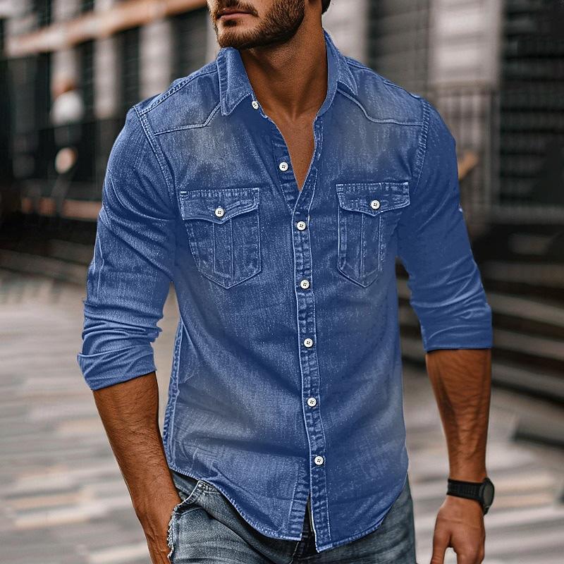 Herren-Revershemd aus gewaschenem Distressed-Denim im Vintage-Stil