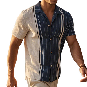 Men's Retro Casual Linen Striped Colorblock Printed Lapel Short Sleeve Shirt