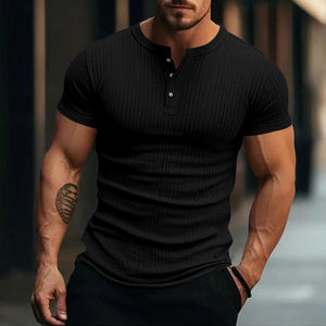 Camiseta Henley informal de manga corta de punto elástico para hombre