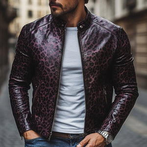 Herrenmode Leopardenmuster Stehkragen Reißverschluss Slim Fit Lederjacke