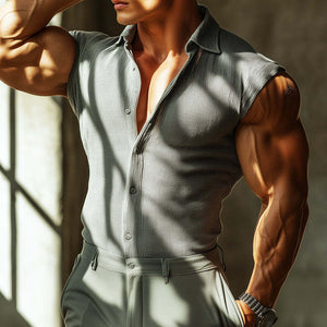 Men's Retro Casual Striped Slim Lapel Sleeveless Shirt