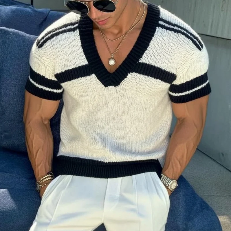 Men's Casual V-neck Striped Jacquard Slim Fit Knitted Short-sleeved Sweater T-Shirt