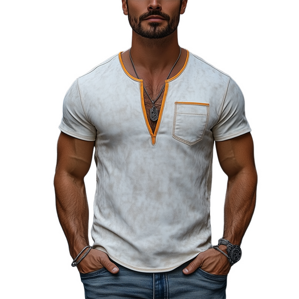 Camiseta de manga corta de ante texturizado con escote en V profundo, informal y ajustada para hombre