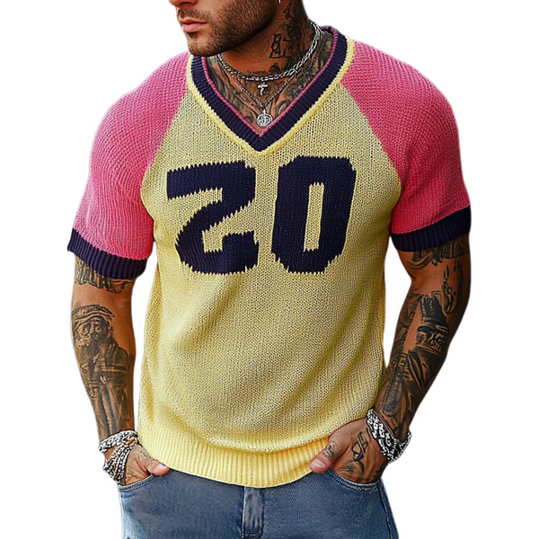Camiseta de punto de manga corta con jacquard y letras en contraste para hombre
