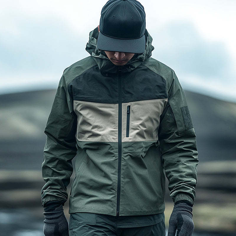 Men's Casual Outdoor Waterproof Color Blocked Multi-Pocket Hooded Jacket MTA0739D1TO
