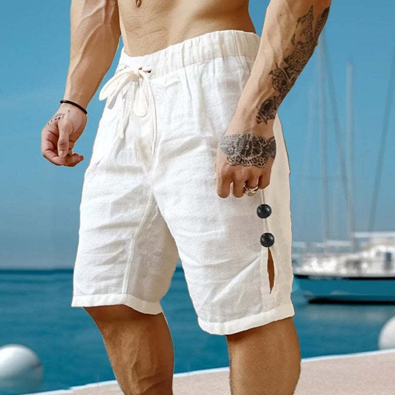 Men's Cotton And Linen Solid Color Button Shorts