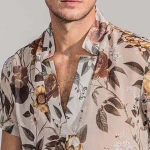 Camisa informal de manga corta de gasa con cuello en V y estampado retro para hombre