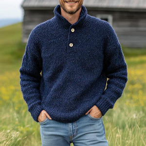 Dunkelblauer Vintage-Strickpullover mit zwei Knöpfen und Stehkragen für Herren