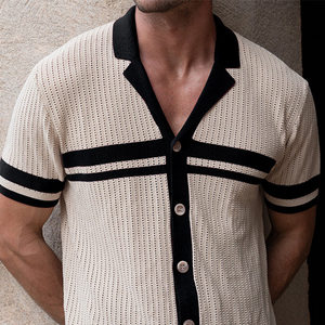 Men's Spring And Summer Casual Contrast Color Stitching Knitted Short Sleeve Shirt