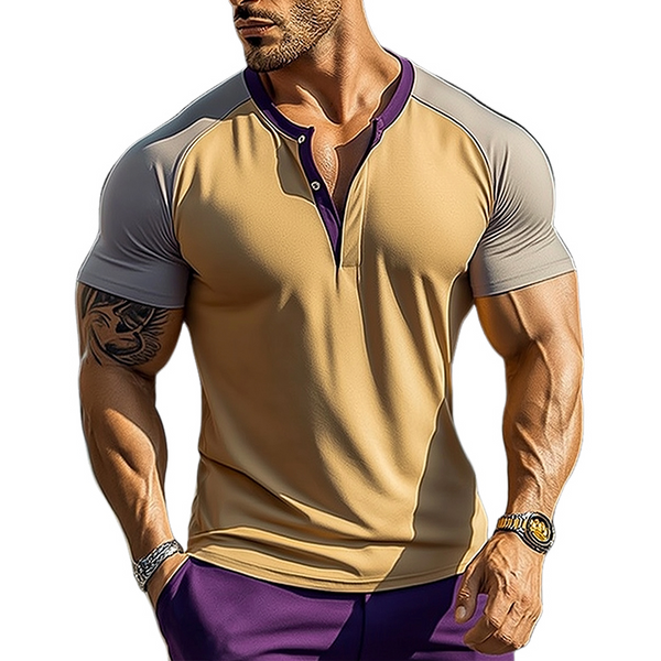 Camiseta de manga corta con cuello Henley, estilo retro informal de algodón con bloques de color para hombre