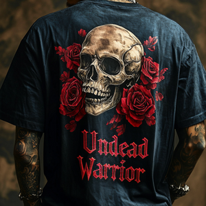 Camiseta retro informal de manga corta con cuello redondo y estampado de calavera rockera "Guerrero no muerto" para hombre