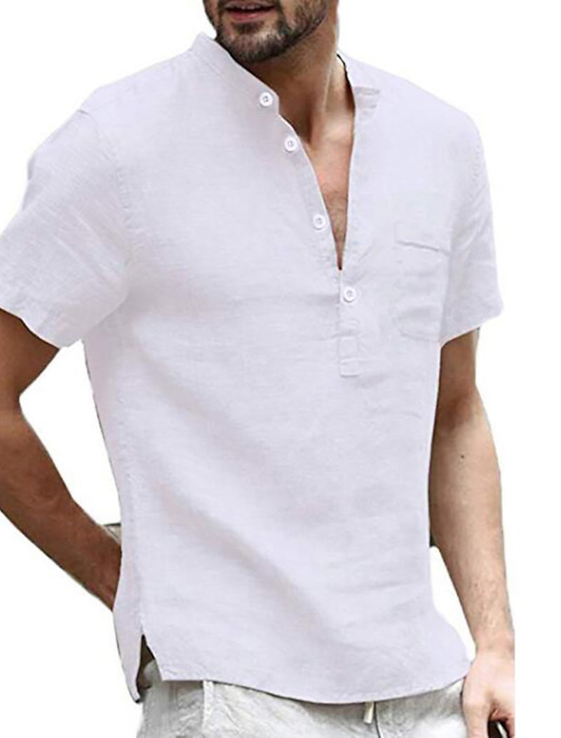 Men's Linen Solid Colored Classic Pocket Short Sleeve Shirt