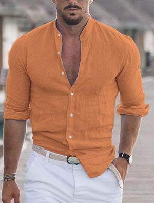 Camisa de manga larga de lino de color liso para hombre