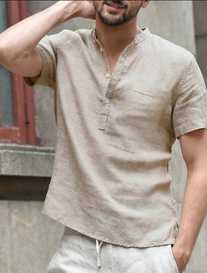 Camisa clásica de lino de manga corta con bolsillo en color liso para hombre