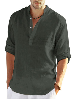 Camisa Henley de lino de secado rápido con botones y color liso para hombre