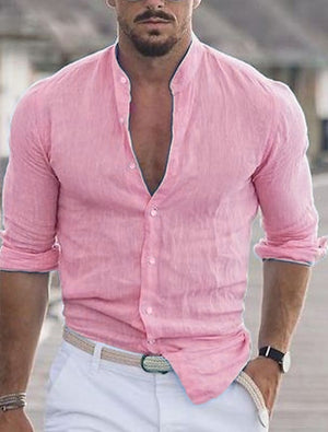 Camisa de manga larga de lino de color liso para hombre